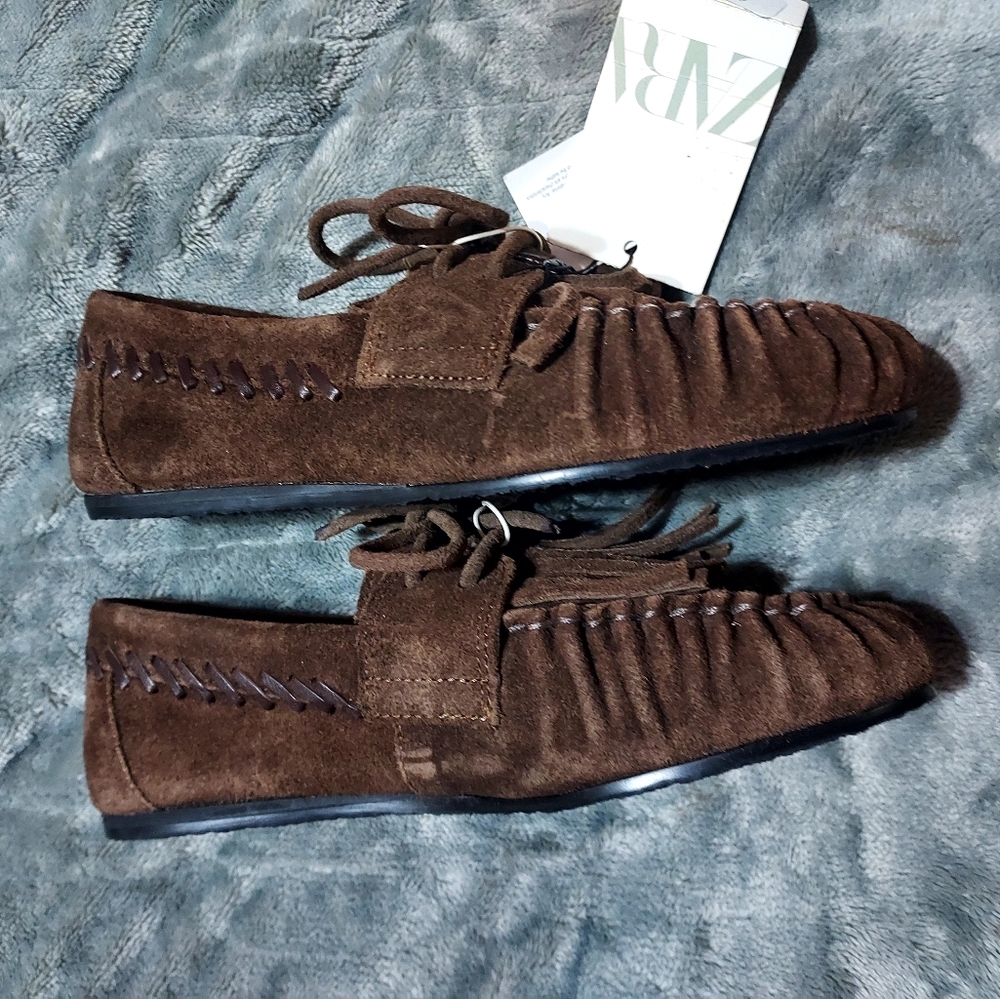 Zara Girls Brown Suede Moccasins with Fringe Sz-2 - Picture 4 of 6